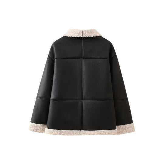 Damen Kunstlederjacke mit gemütlichem Teddyfutter und praktischen Taschen EB