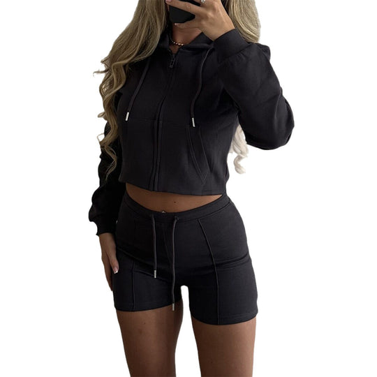 Damen nan lässiges Sweatshirt- und Short-Set mit dekorativen Schleifen-Applikationen, hohem Rundhalsausschnitt und Tunnelzugbund EB