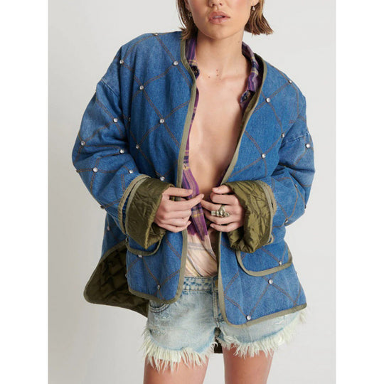 Damen modische denim Jacke mit Diamantsteppung EB