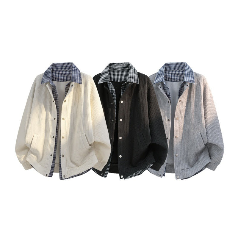 Herren lässige Strick-Überhemdjacke mit kariertem Hemdkragen und Druckknopfblende EB