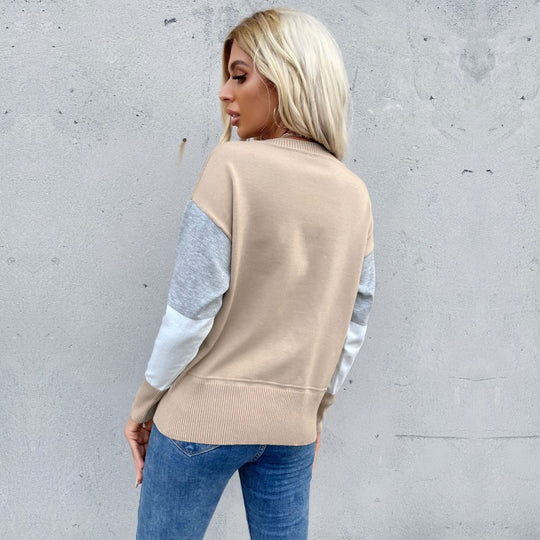 Damen Gemusterter Sweatpullover mit Farbblockdesign und Rundhalsausschnitt EB