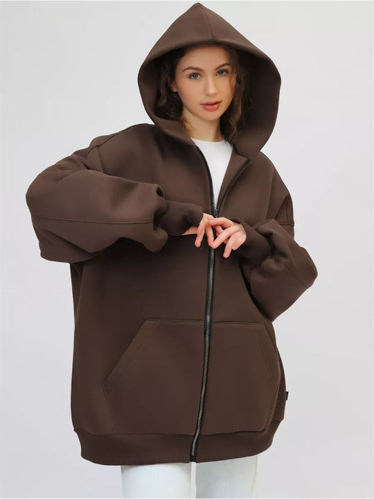 Damen lässiger Oversized Zip-Hoodie mit tiefen Taschen EB