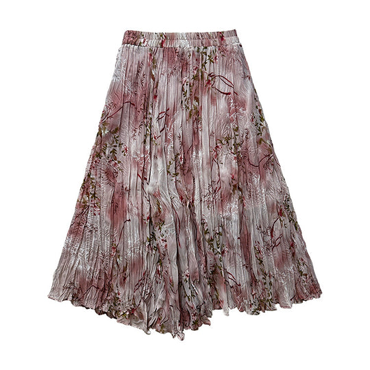 Damen  fein gefalteter Midirock mit Vintage Blumenprint und elastischem Taillenbund EB
