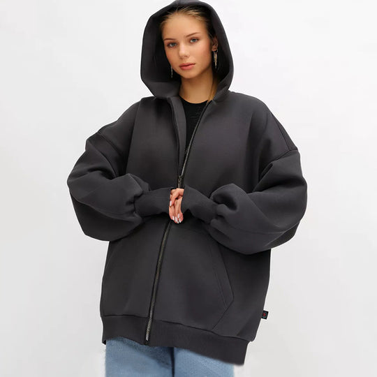 Damen lässiger Oversized Zip-Hoodie mit tiefen Taschen EB