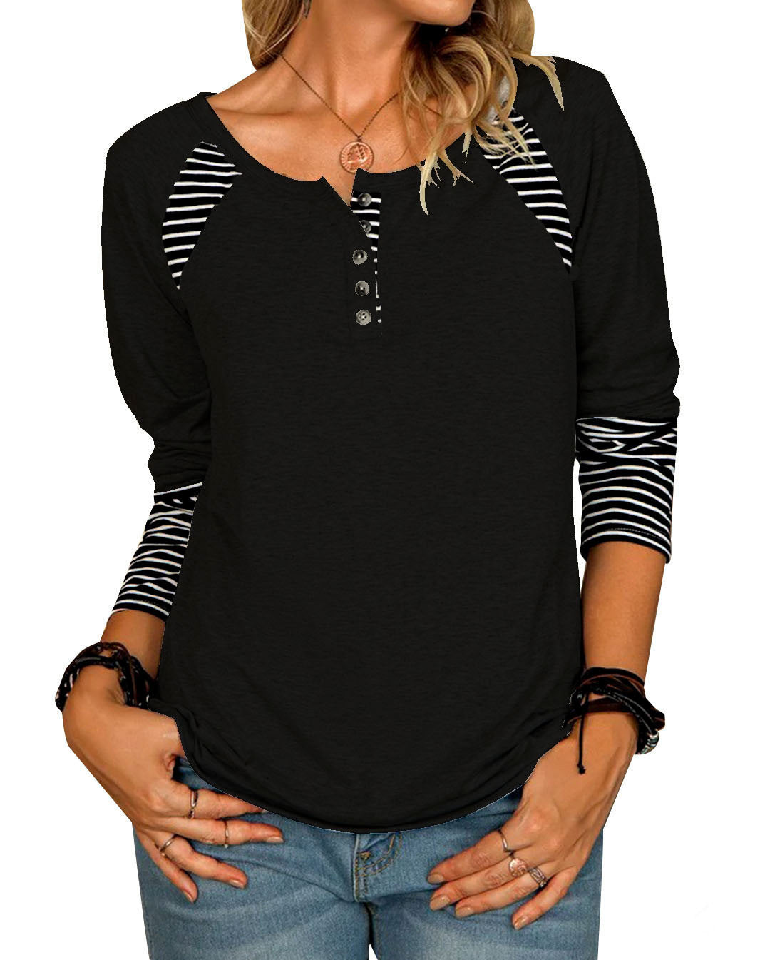 Damen lässiges Langarmshirt mit gestreiften Farbblockdetails und Knopfverschluss EB