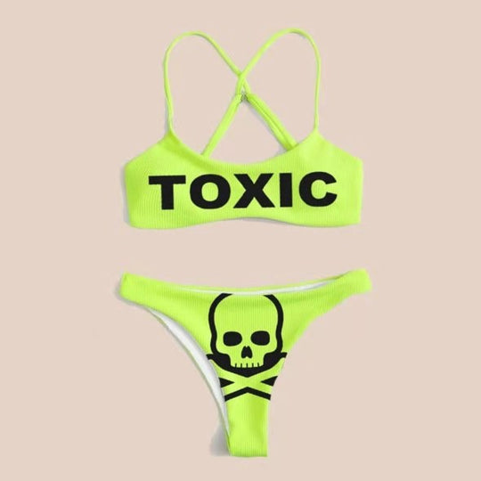 Damen Sport-Bikini mit auffälligem Schriftzug und Skull-Design EB