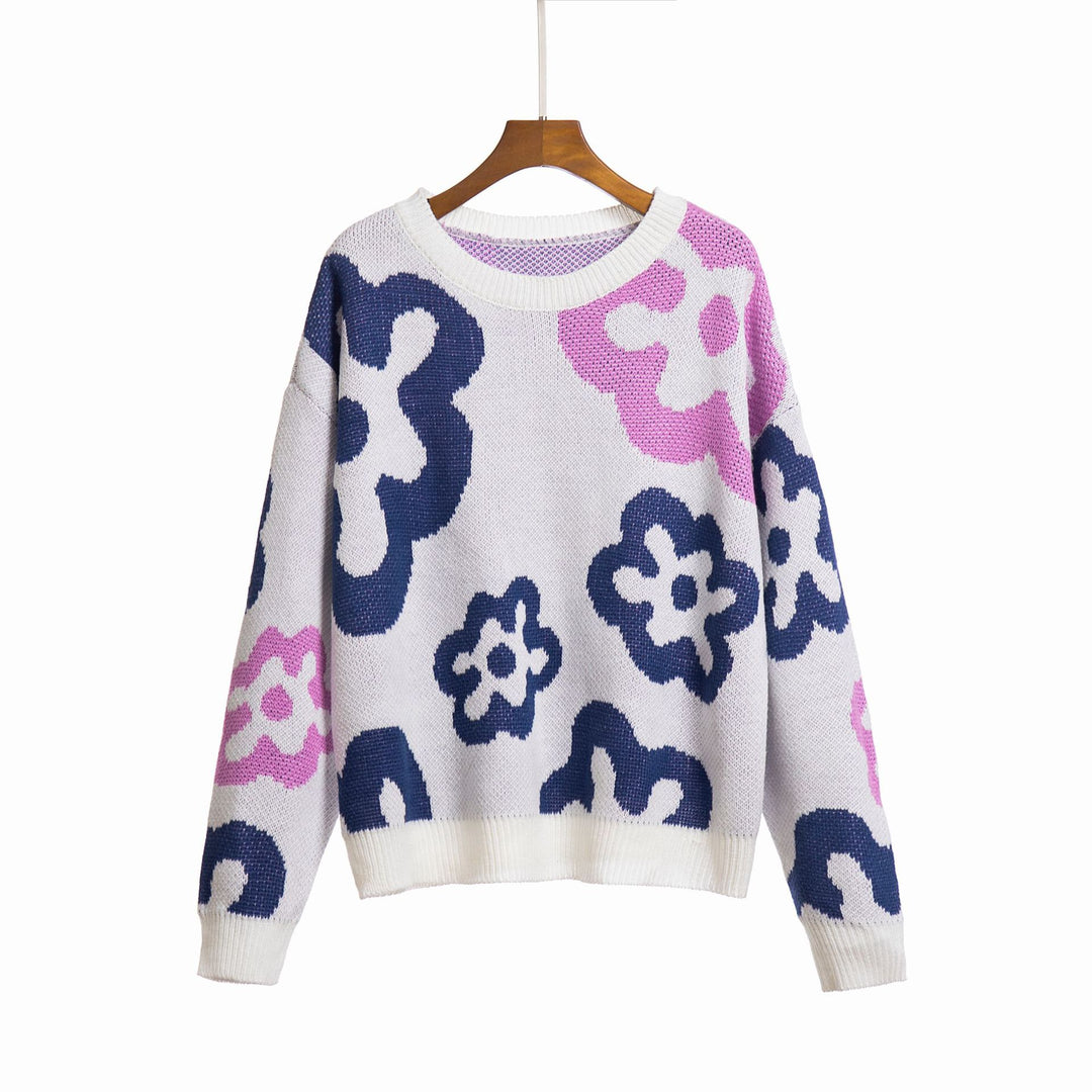 Damen Gemusterter Strickpullover mit floralen Motiven und lässigem Schnitt EB