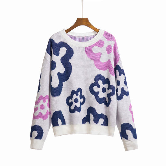 Damen Gemusterter Strickpullover mit floralen Motiven und lässigem Schnitt EB