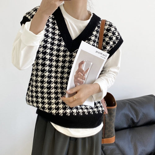 Damen modische Strickweste mit graphischem Hahnentrittmuster EB