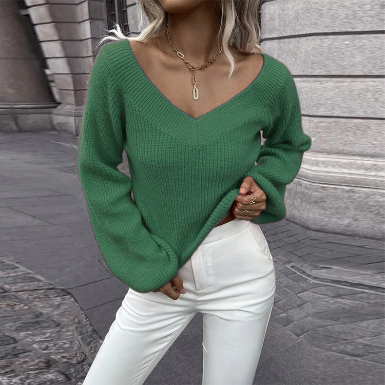 Damen Strickpullover mit V-Ausschnitt und voluminösen Ärmeln EB