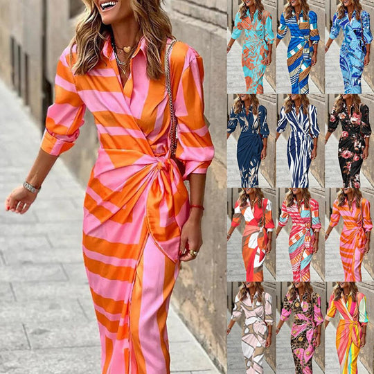 Damen Maxikleid mit asymmetrischem Schnitt und modernen Streifendetails EB