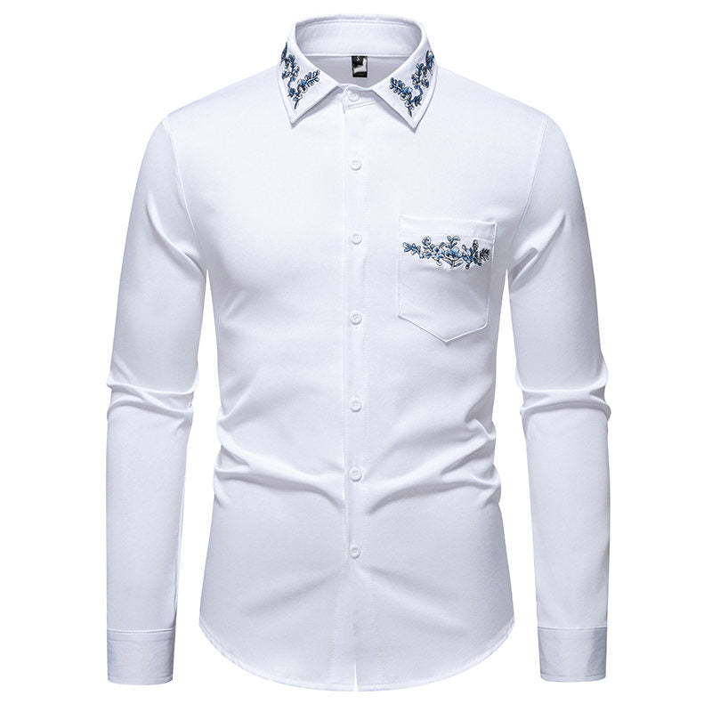 Herren Langarmhemd mit eleganter Blumenstickerei und modernem Kragen EB