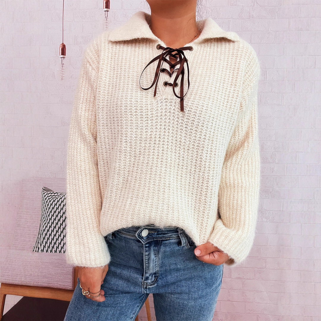 Damen lässiger Strickpullover mit dekorativem Schnürdetail und breiten Ärmel EB