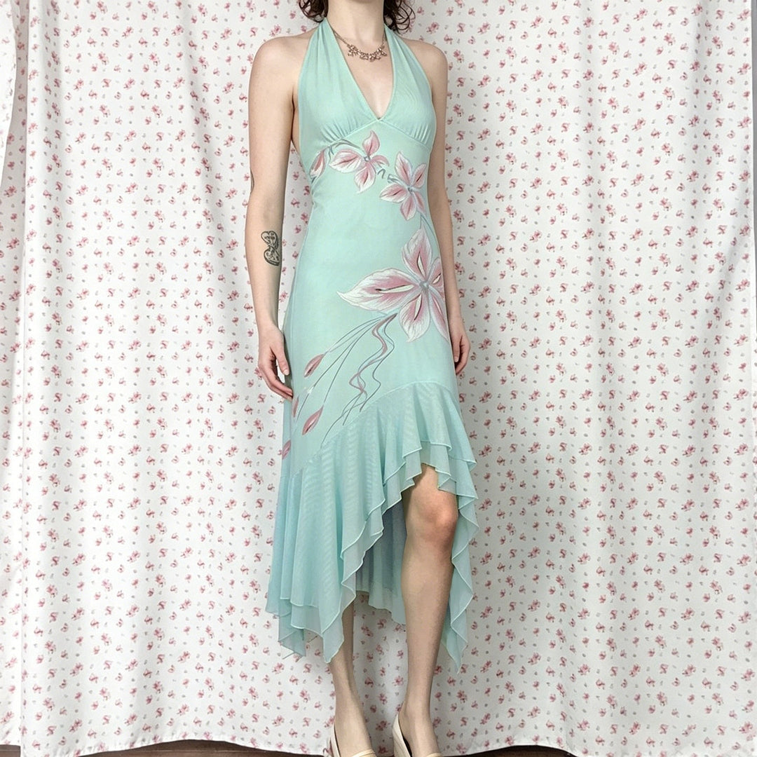 Damen Elegantes Maxikleid mit floralem Design und asymmetrischem Saum EB