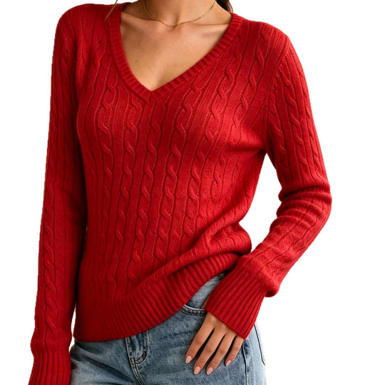 Damen Kabelstrickpullover mit V-Ausschnitt, feiner Struktur und taillierter Passform EB
