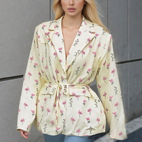 Damen nan taillierter Blumenblazer mit Bindegürtel und Reverskragen EB