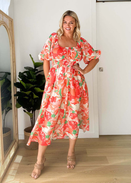Damen Luftiges Maxikleid mit floralem Design und elastischem Taillenbund EB