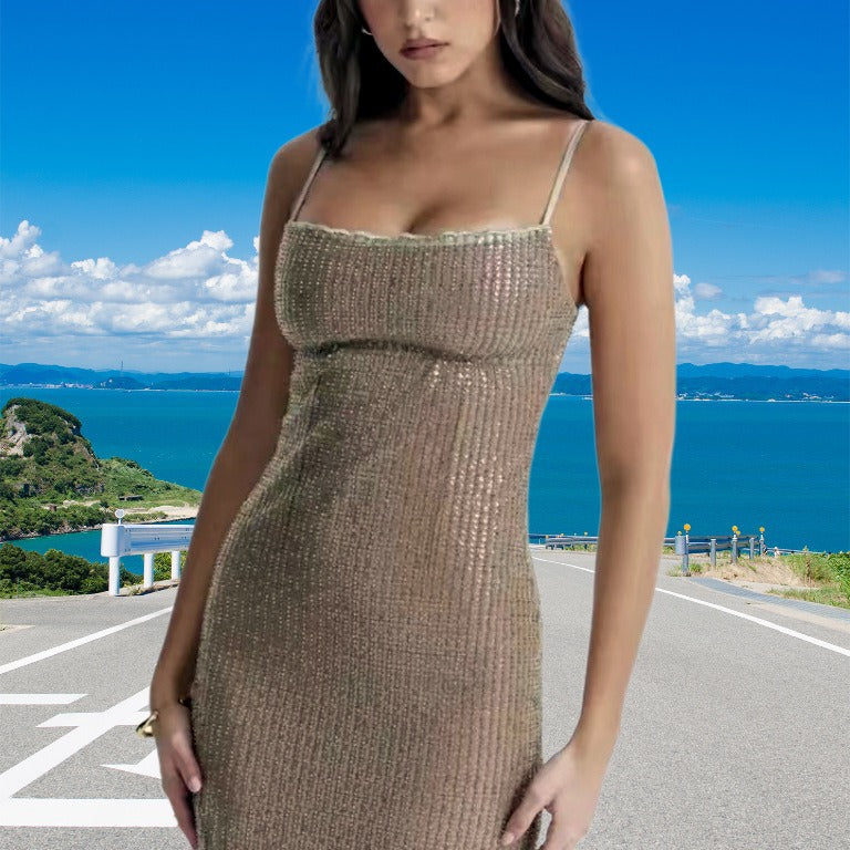 Damen Glamouröses Paillettenkleid mit Spaghetti-Trägern und figurbetonter Silhouette EB