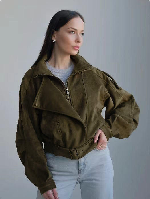 Damen Stilvolle Kurzjacke mit Gürtel und asymmetrischem Schnitt EB