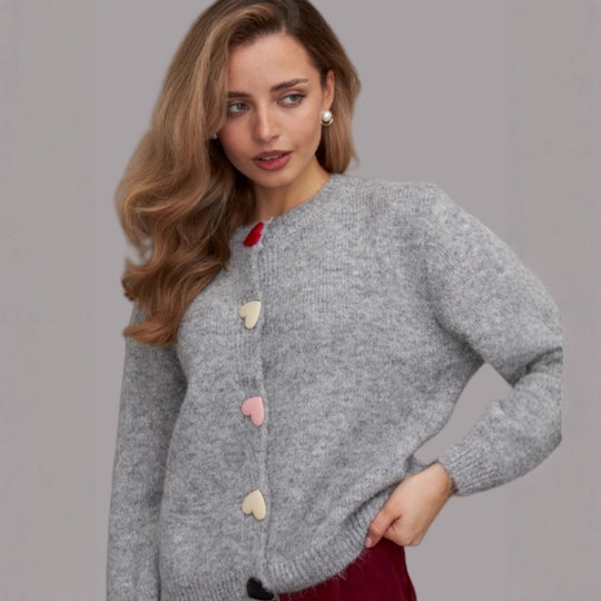Damen lockerer Strickpullover mit herzförmigen Knöpfen und weitem Schnitt EB