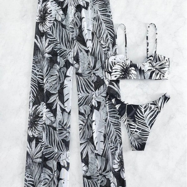 Damen Badeoutfit mit floralem Oberteil und transparenten Palazzohosen EB