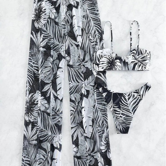 Damen Badeoutfit mit floralem Oberteil und transparenten Palazzohosen EB