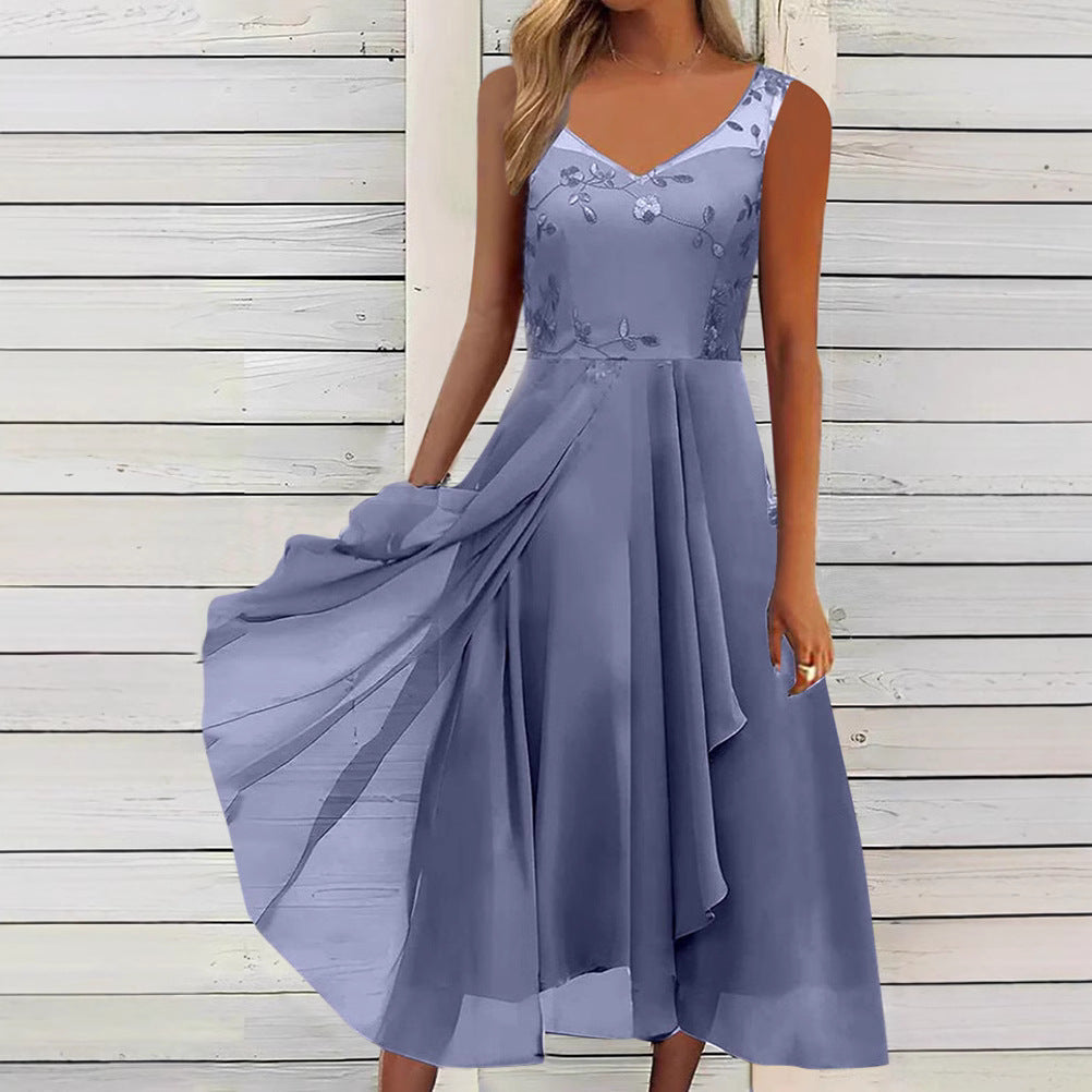 Damen nan A-Linien-Chiffonkleid mit floralem Stickoberteil, V-Ausschnitt, drapiertem Godet-Schwung und verdeckten Seitentaschen EB