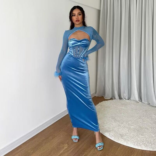 Damen Maxikleid mit innovativer Korsett-Oberpartie und transparenten Ärmeln EB