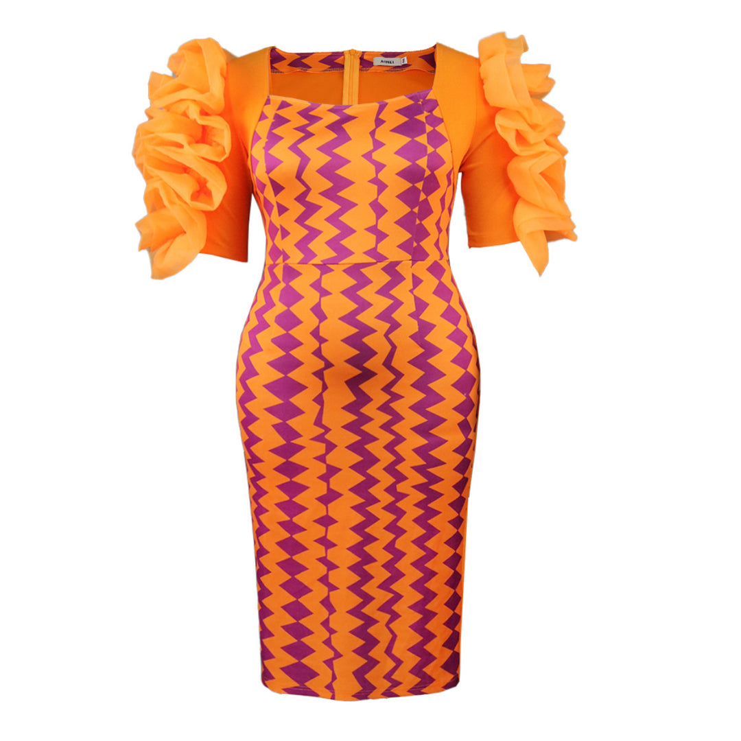 Damen figurbetontes Kleid mit auffälligen Rüschenärmeln und geometrischem Muster EB