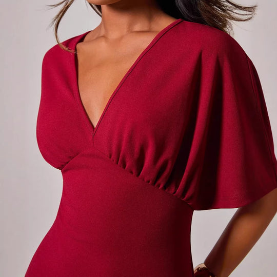 Damen figurbetontes Cocktailkleid mit tiefem V-Ausschnitt und Hüftakzent EB