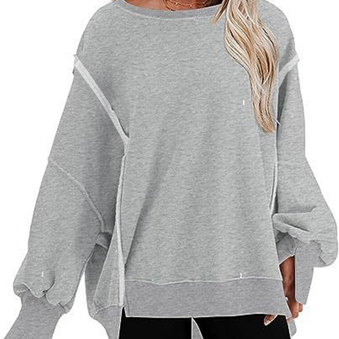 Damen lässiger Sweatshirt mit Ballonärmeln und seitlichen Schlitzen EB