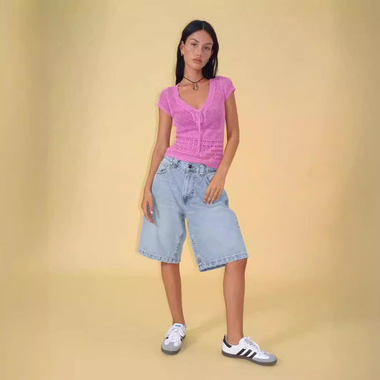Damen lässige Denim-Shorts mit weitem Schnitt und hohen Seitentaschen EB