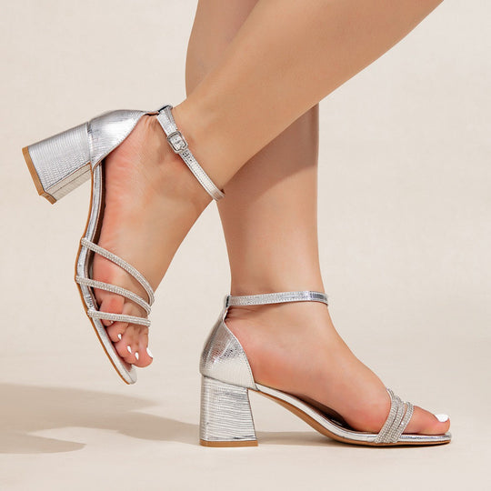 Damen elegante Riemchen-Sandalen mit glitzernden Akzenten und breitem Blockabsatz EB