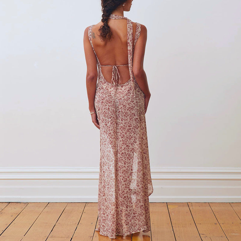 Damen Floral Maxi-Strandkleid mit attraktiven Schlitzdetails und Rückenband EB