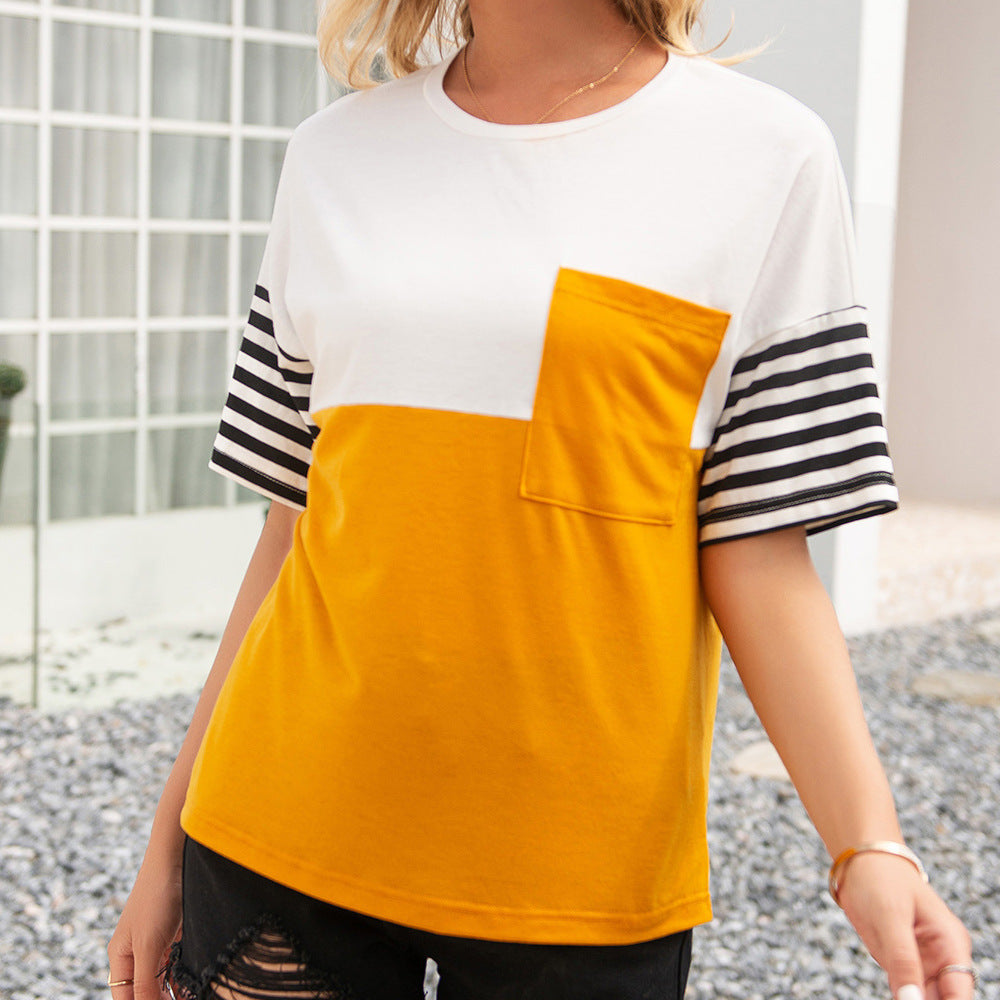 Damen modisches T-Shirt mit gestreiften Ärmeln und aufgesetzter Tasche EB