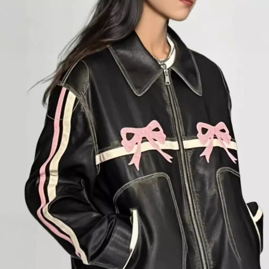 Damen lässige Kunstlederjacke mit verspielten Schleifendetails EB