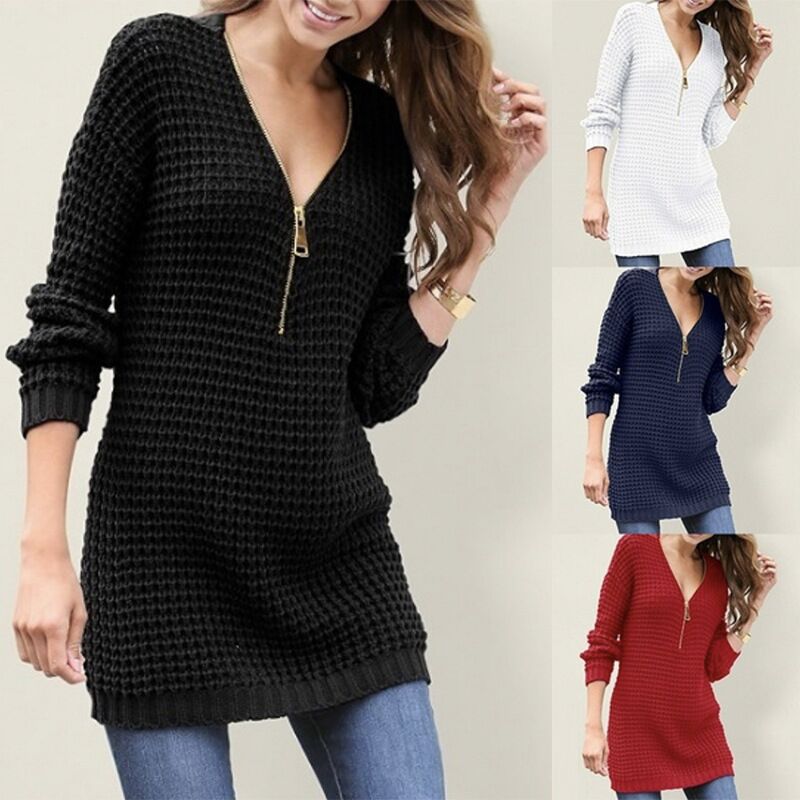 Damen Grobstrickpullover mit modernem Reißverschluss und lässigem Schnitt EB
