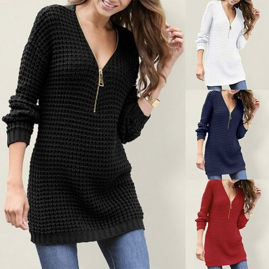 Damen Grobstrickpullover mit modernem Reißverschluss und lässigem Schnitt EB
