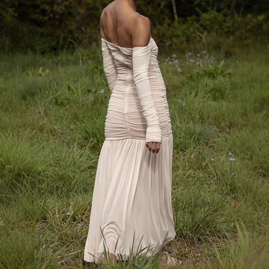 Damen Elegantes Off-Shoulder Maxikleid mit figurbetontem Design und fließendem Rock EB