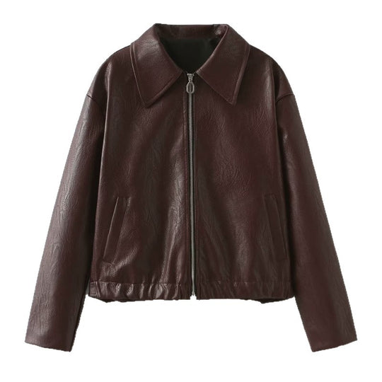 Damen modische Kunstlederjacke mit schlichter Eleganz und praktischen Taschen EB