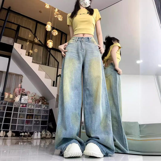 Damen weite High-Waist Jeans im lässigen Stil mit individuellen Waschungen EB