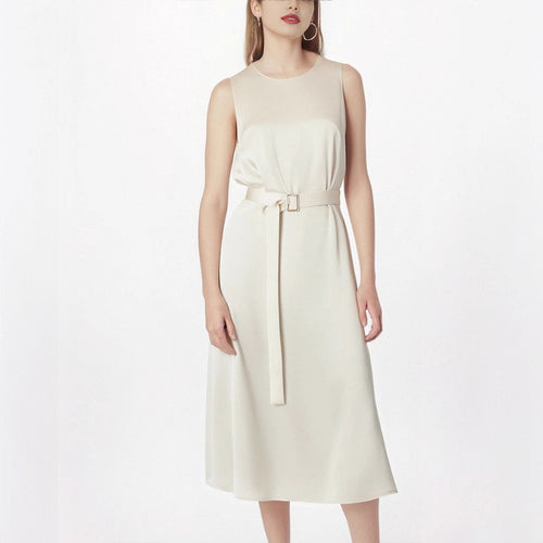 Damen Elegantes Midikleid mit Taillengürtel und fließendem Schnitt EB