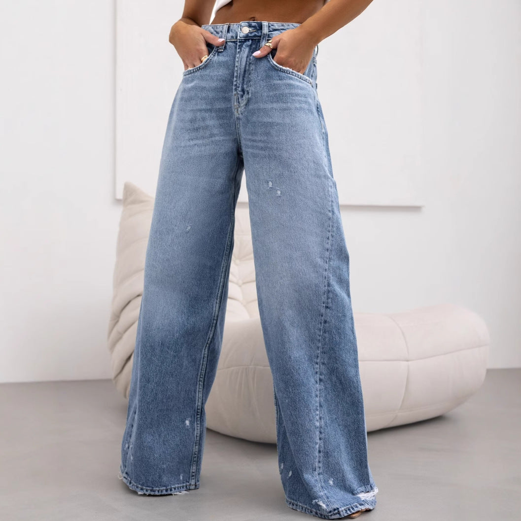 Damen Weite Jeans im Vintage-Stil mit hohen Taschen und trendigen Used-Effekten EB