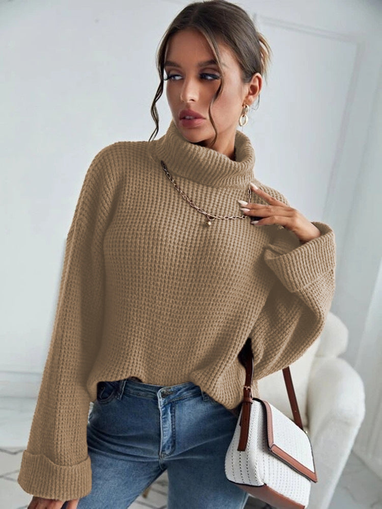 Damen Grober Strickpullover mit hohem Kragen und lässigem Fit EB