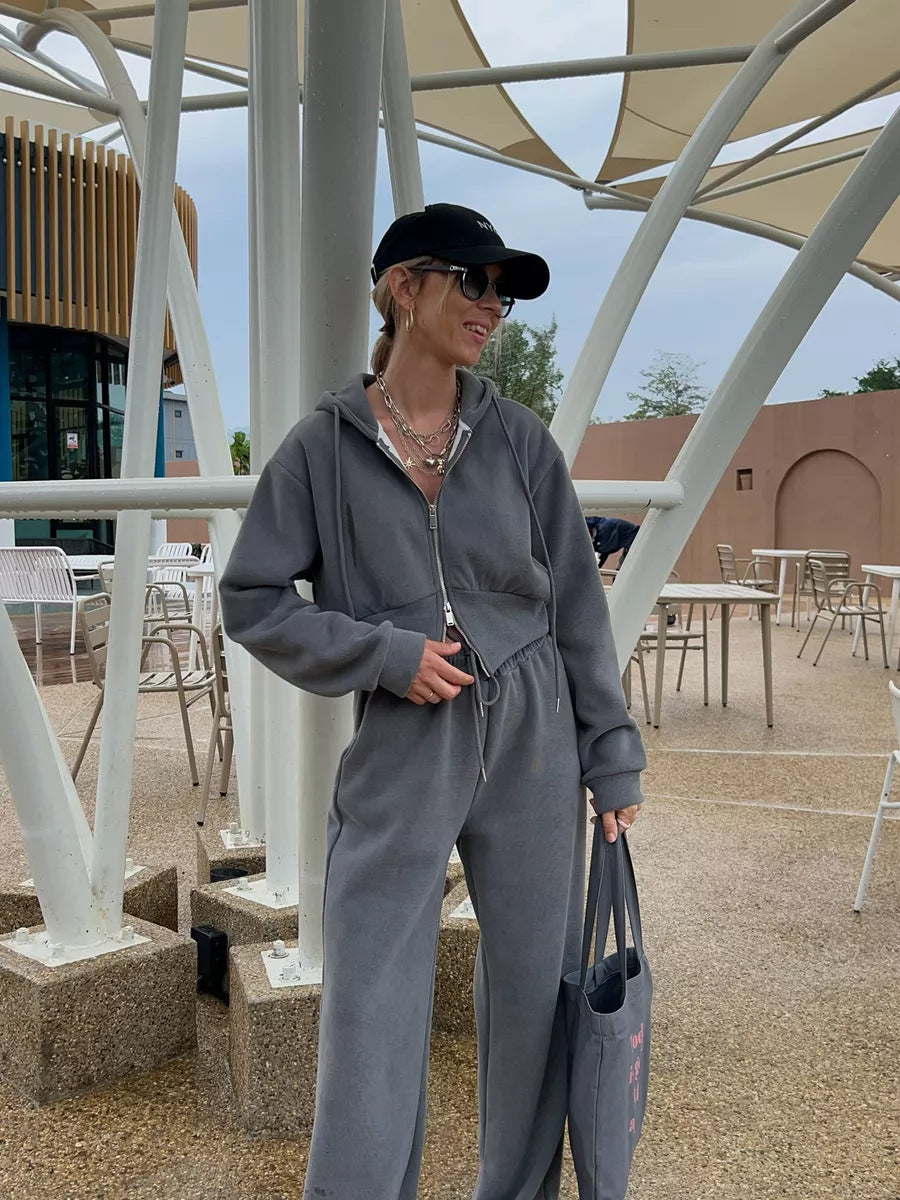 Damen Kurzgeschnittenes Zip-Hoodie mit Kordelzug‑Taille und weiter Palazzo‑Jogginghose EB