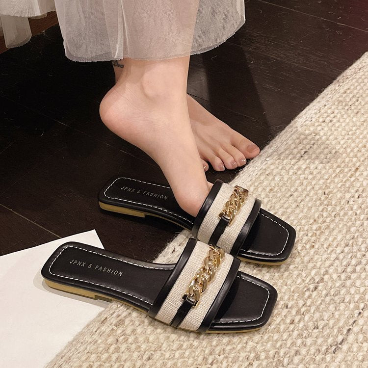 Damen elegante Riemchen-Pantoletten mit glänzendem Kettenakzent EB