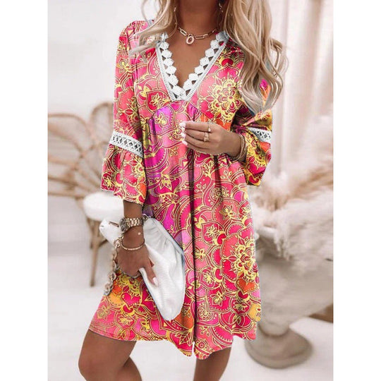 Damen Blumiges Tunika-Kleid mit Spitzenakzenten EB