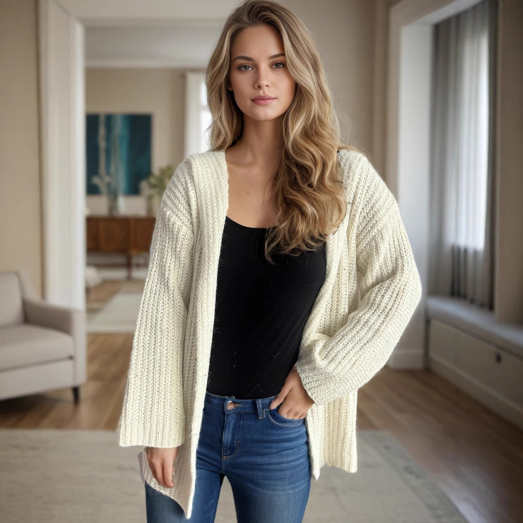 Damen lässige Strickjacke mit offenen Fronten und voluminösen Ärmeln EB