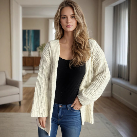 Damen lässige Strickjacke mit offenen Fronten und voluminösen Ärmeln EB