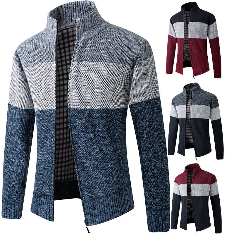 Herren Modische Strickjacke mit hohem Kragen und gestreiftem Design EB
